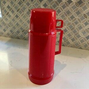 Vintage Plastic Red Thermos King Seeley with Cap, Lid, and Cup